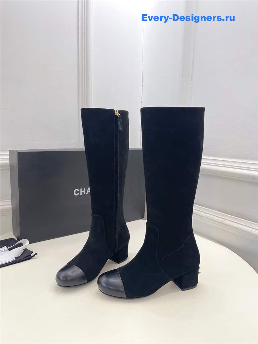Ch**el black suede leather heeled boots