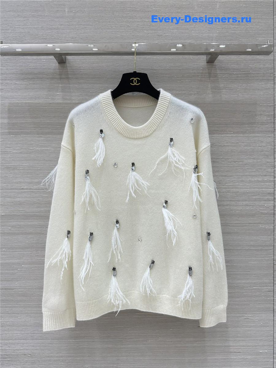 Ch**el sequin feather cashmere sweater white