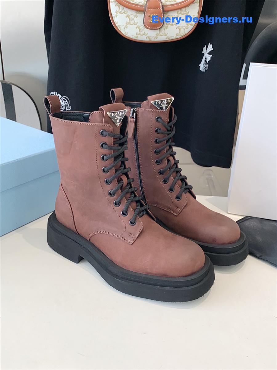 Pra*a calfskin triangle logo brown high top boots
