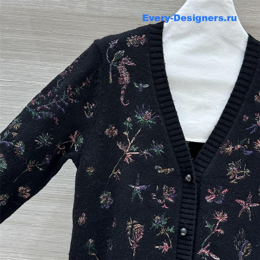 D10r floral embroidery rib-knit cardigan black