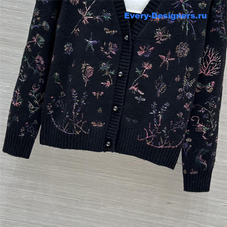 D10r floral embroidery rib-knit cardigan black
