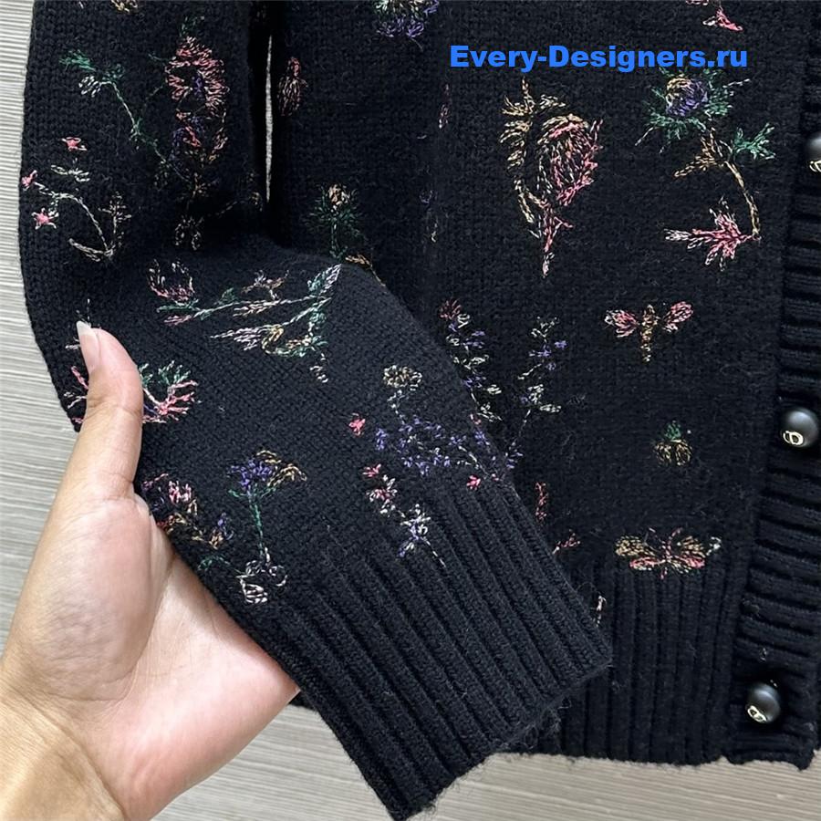 D10r floral embroidery rib-knit cardigan black
