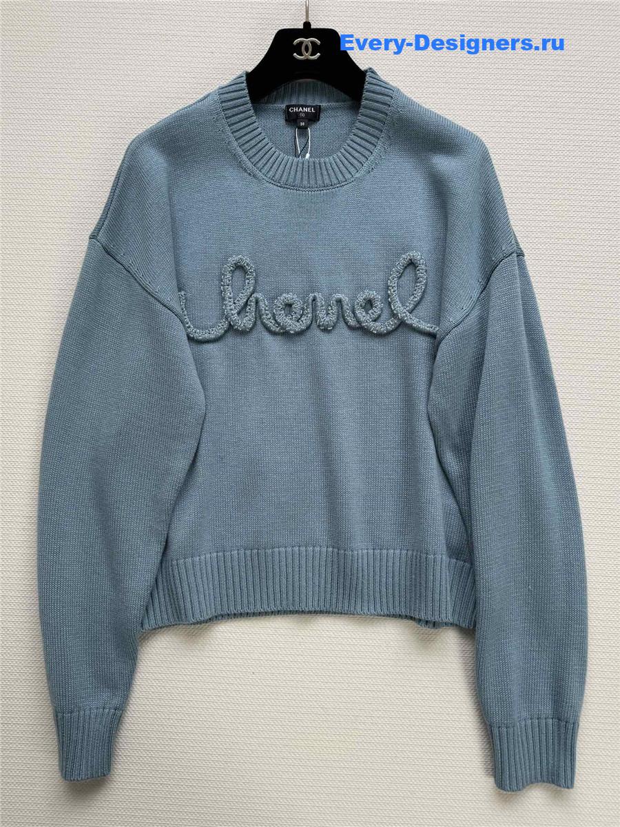 Ch**el logo crewneck rib-knit sweater turquoise