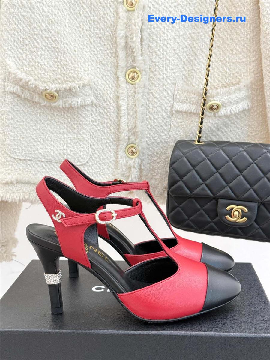 Ch**el t-strap lambskin high heel sandals red