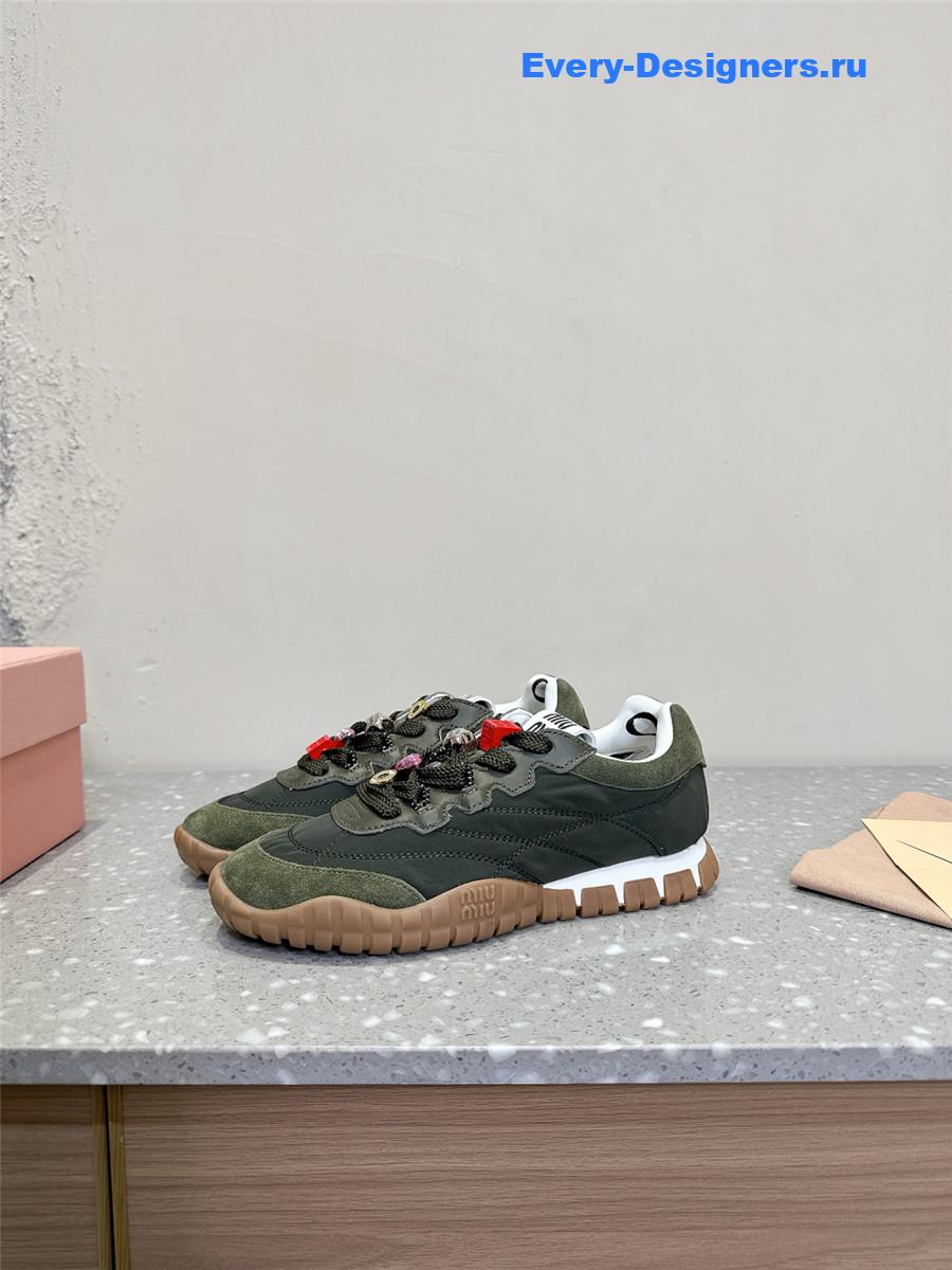 Miu Miu Ivory Tyre Technical Fabric Suede Sneakers Green