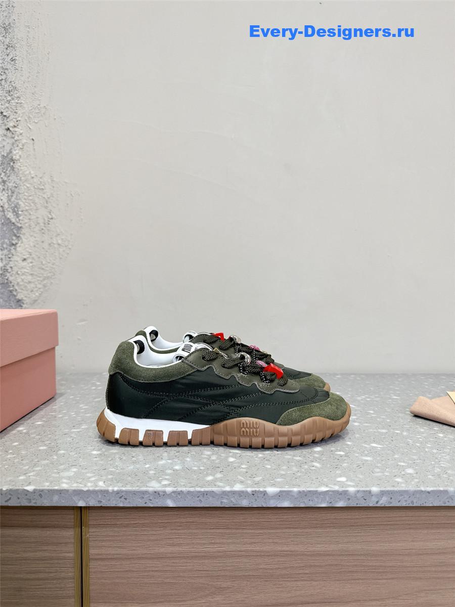 Miu Miu Ivory Tyre Technical Fabric Suede Sneakers Green