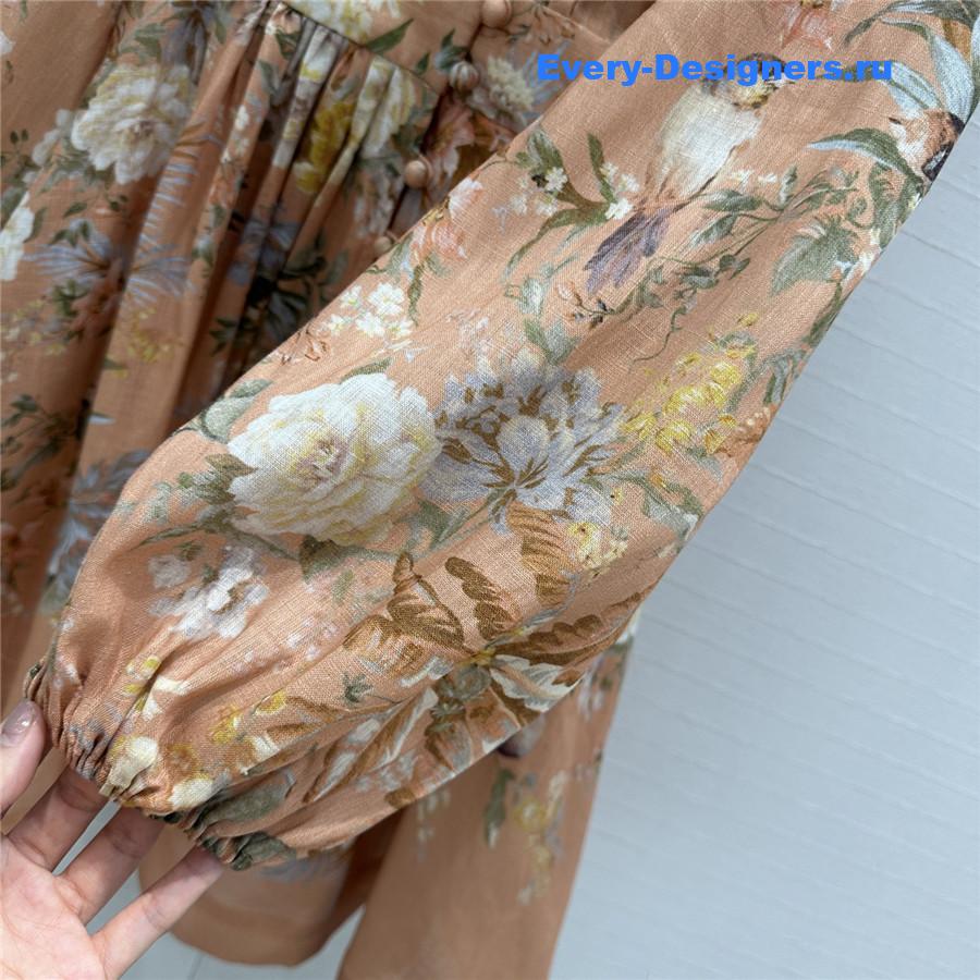 Zimm Tallow Pleated Floral-Print Linen Mini Dress