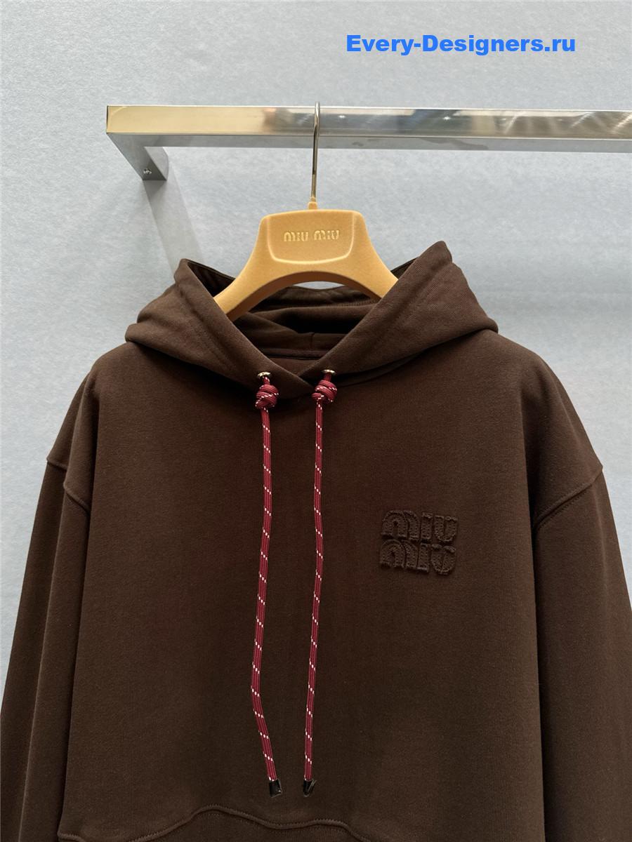 Miu Miu Logo Hoodie in brown cotton with drawstring