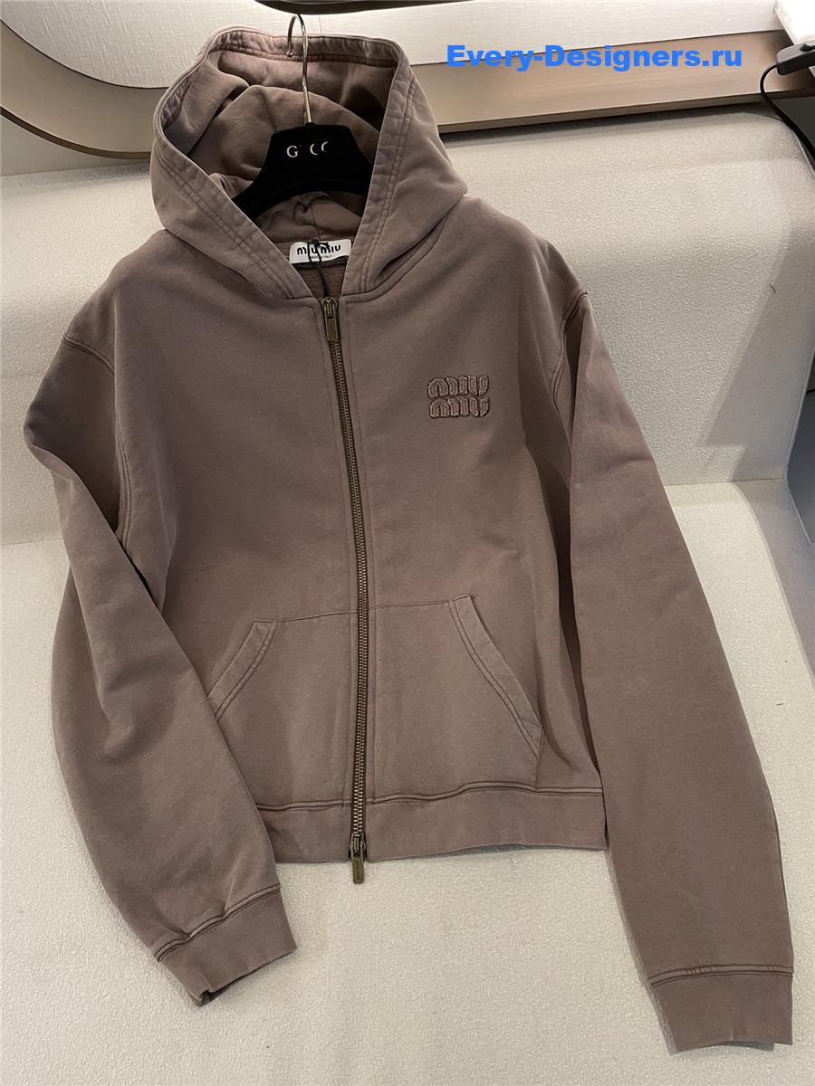 Miu Miu Logo Zip-Up Hoodie in Brown