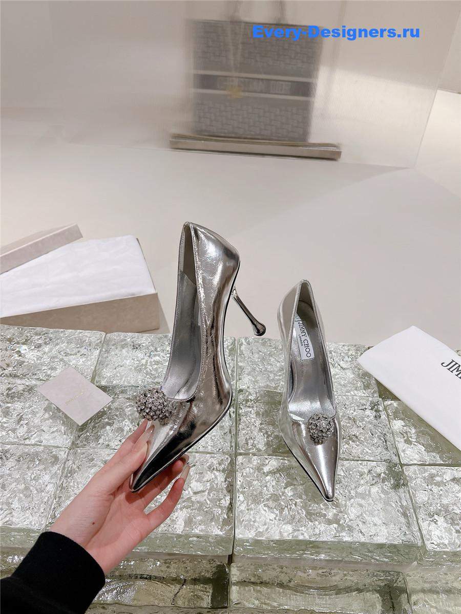 J1m*y Ch00 orb 95 embellished patent leather pumps silver