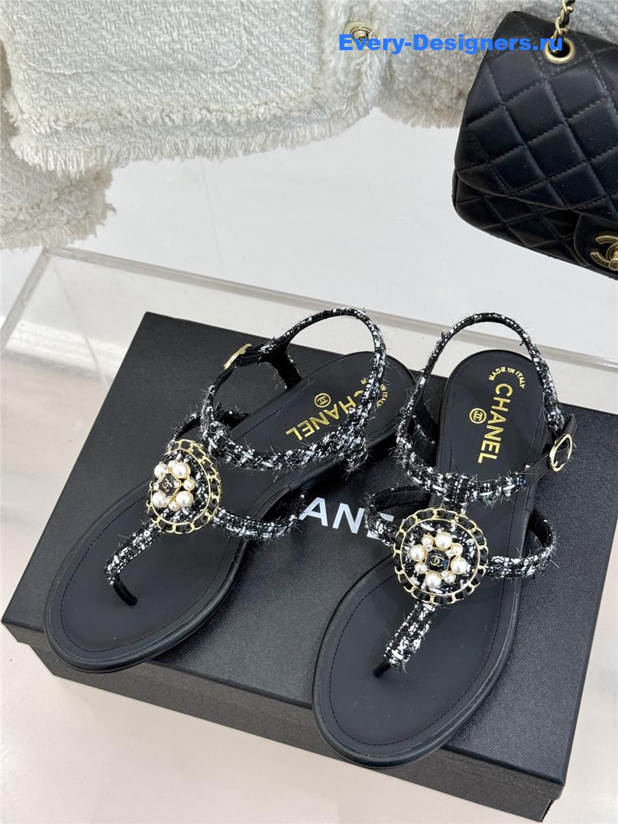 Ch**el camellia pearl tweed flip flops