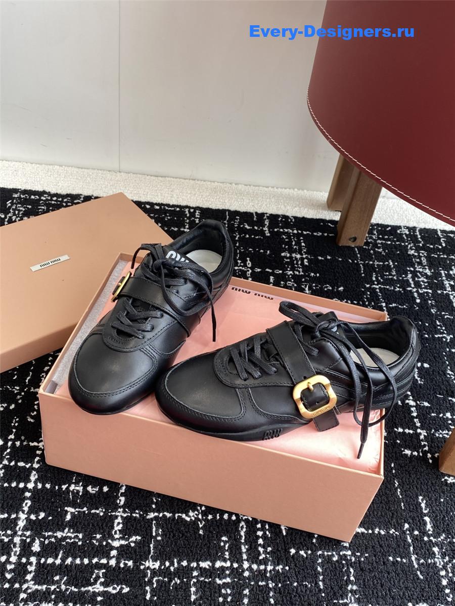 Miu Miu Black Leather Buckle Detail Low-Top Sneakers
