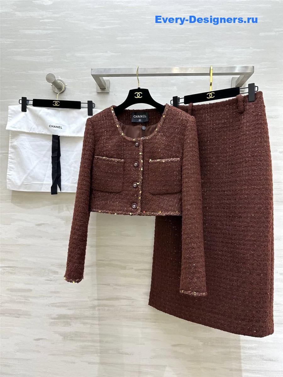 Ch**el brown tweed suit skirt set