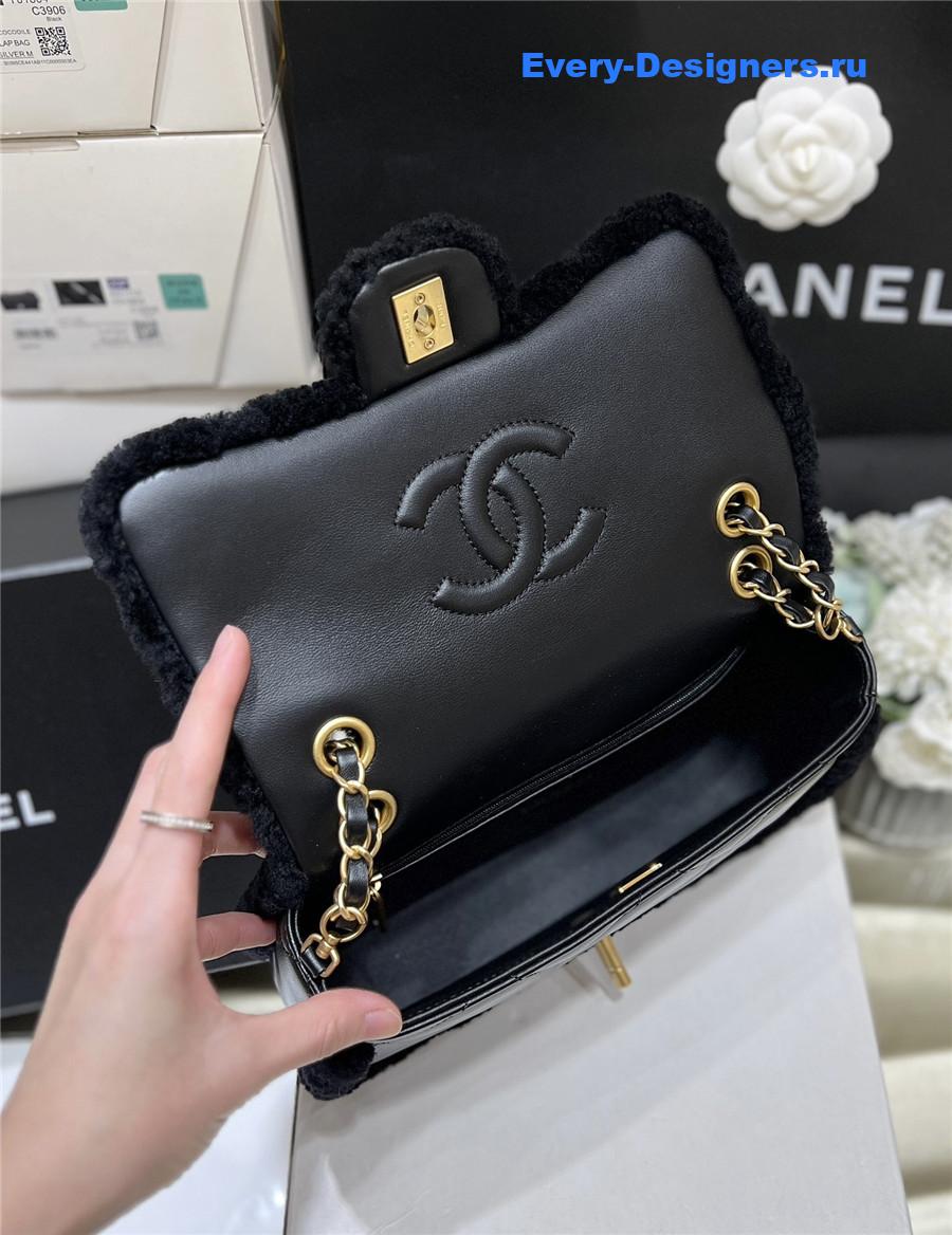 Ch**el black quilted teddy shearling large flap bag