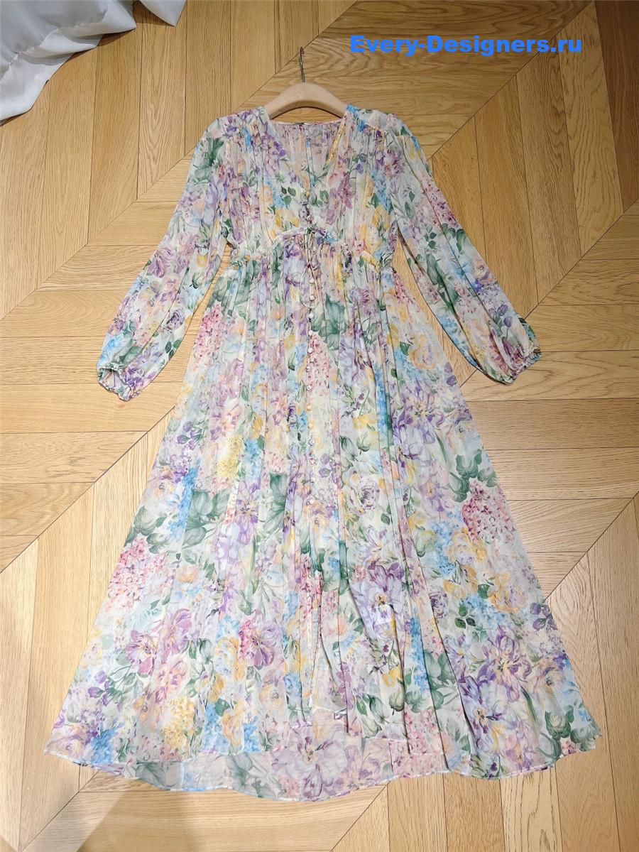 Zimm Floral Frill Sleeve Linen Dress