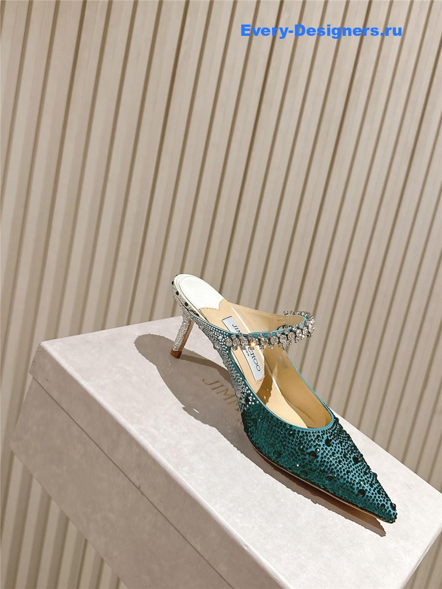 J1m*y Ch00 green glitter mules