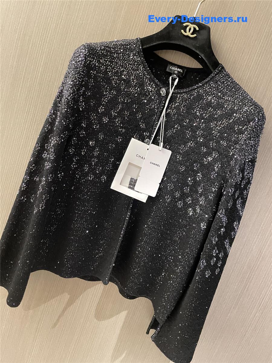 Ch**el black sequin crew neck cardigan
