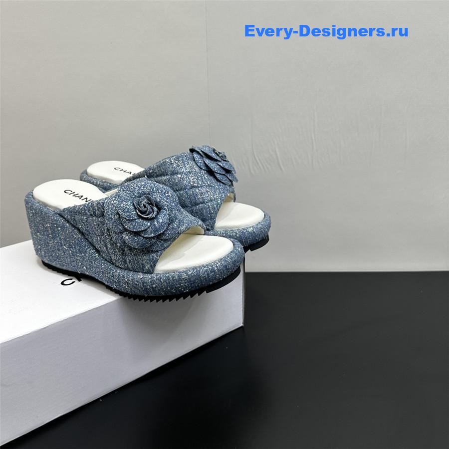 Ch**el light blue camellia slippers