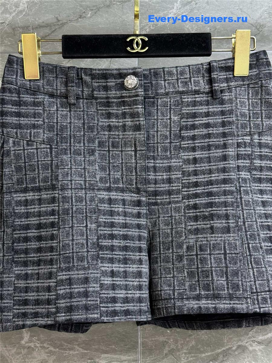 Ch**el grey woven check denim shorts