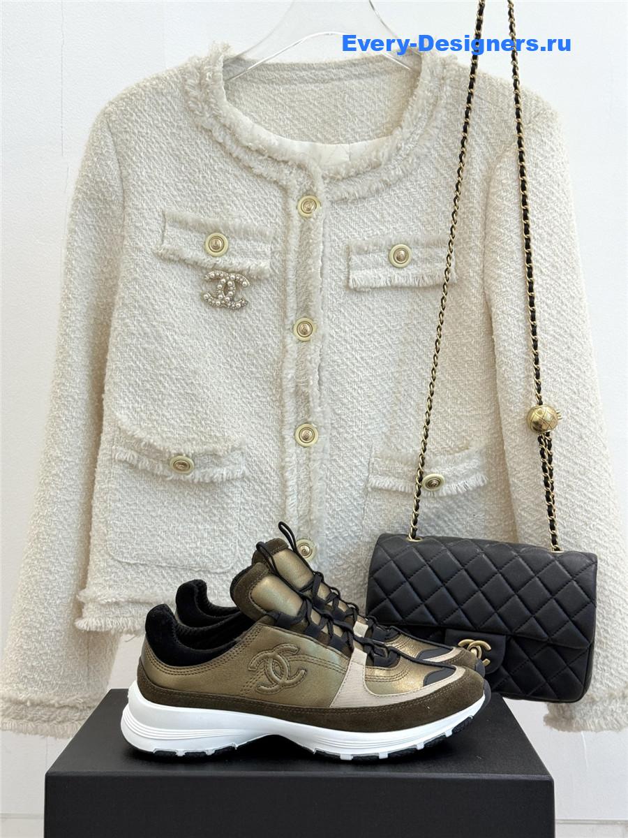 Ch**el laminated calfskin suede gold trainers