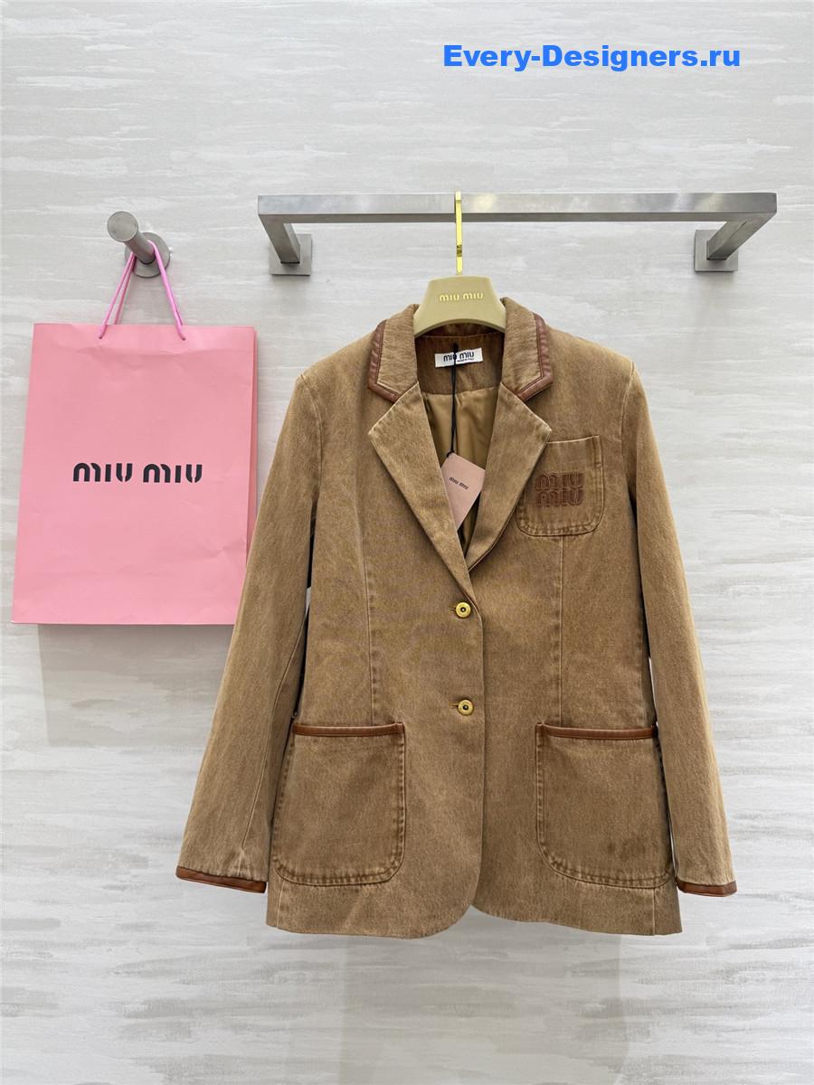 Miu Miu Acid-Wash Denim Blazer In Brown