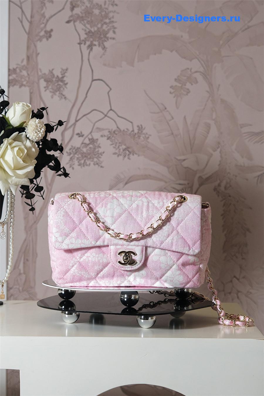 Ch**el white & pink denim hobo bag