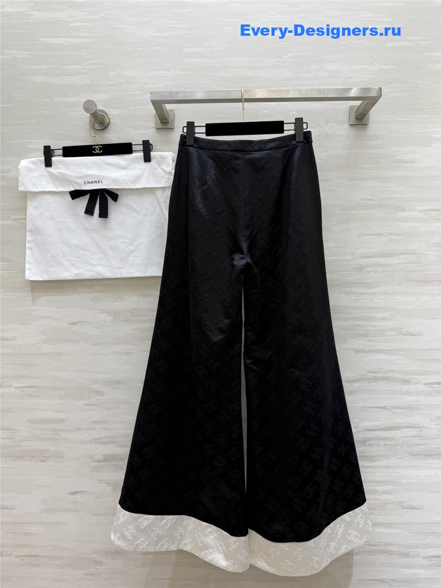 Ch**el black silk jacquard wide-leg pant