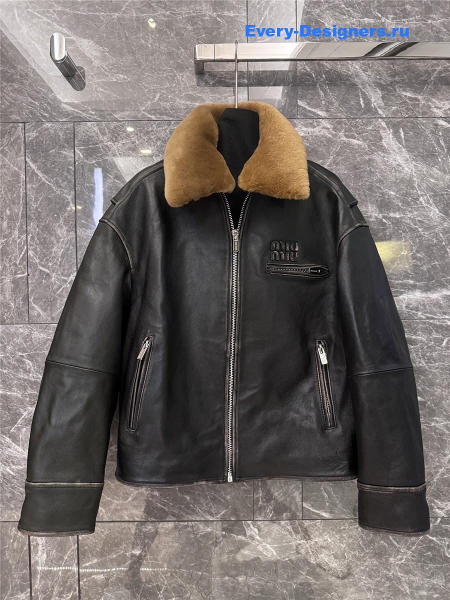 Miu Miu Lamb Shearling Collar Leather Jacket