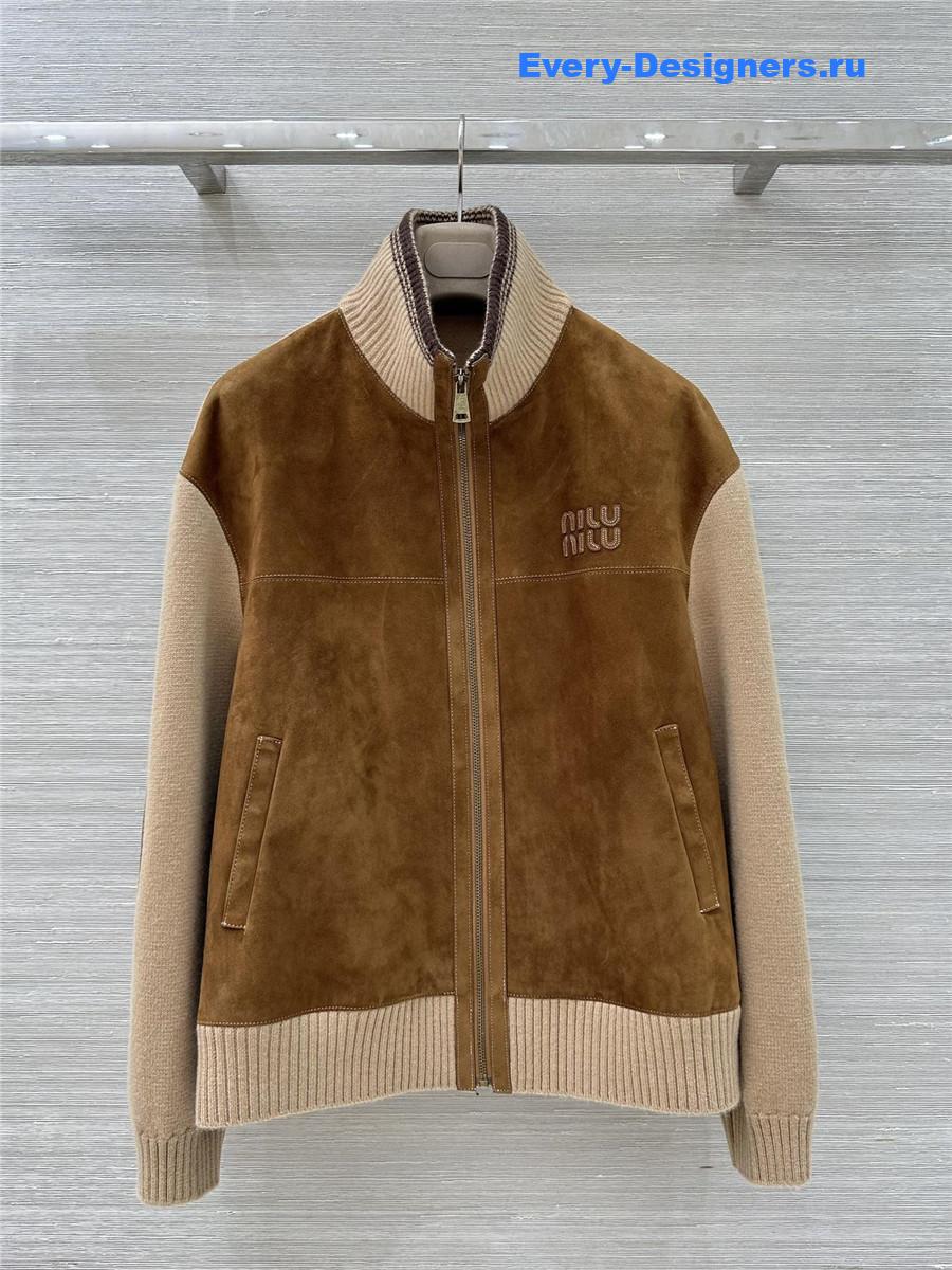 Miu Miu Camel Wool & Leather Zipper Cardigan Jacket