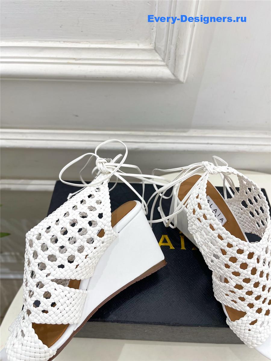 Alaia White Hollow Woven Wedge Sandals