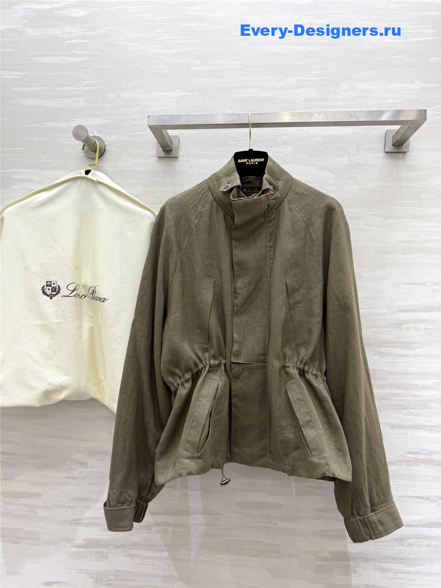 L0r0 P1ana green linen stand collar coat