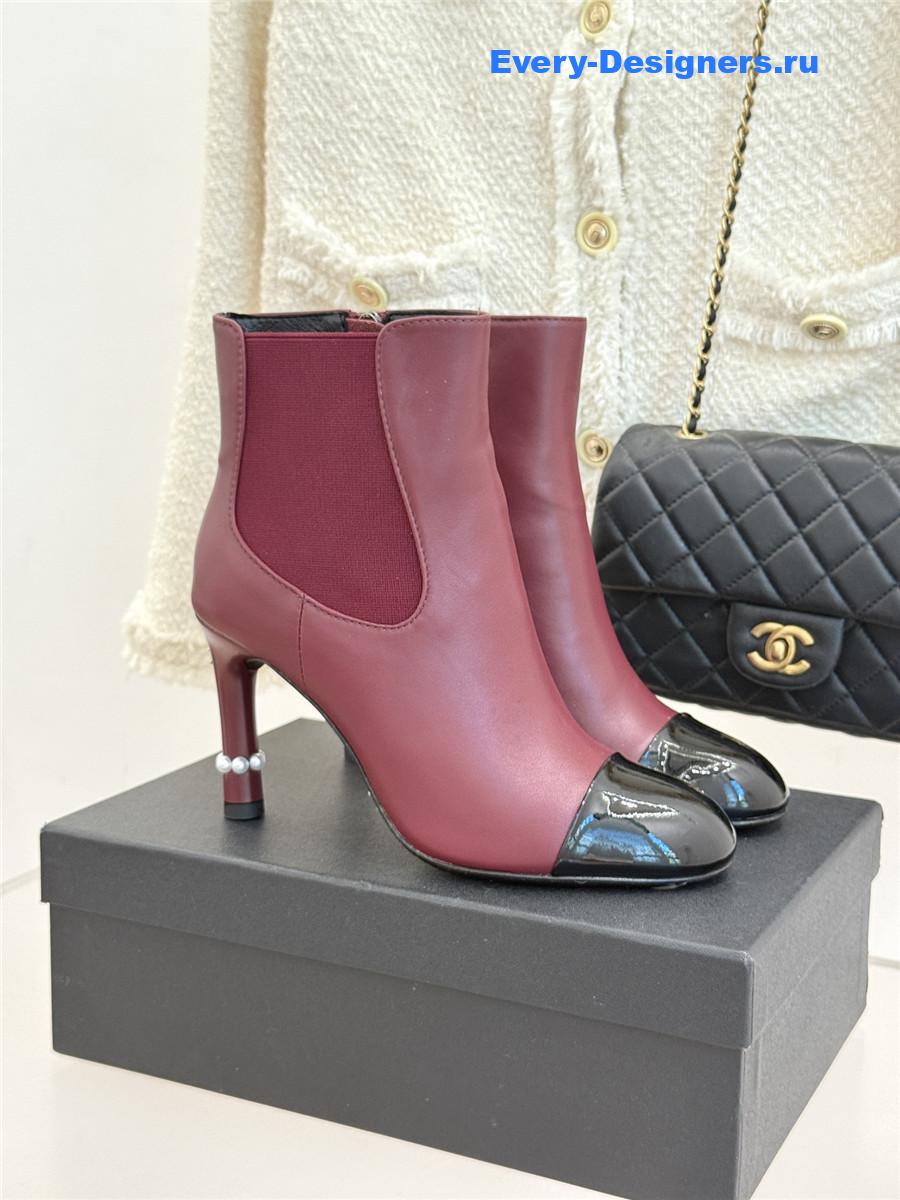 Ch**el burgundy classic pearl heel ankle boots