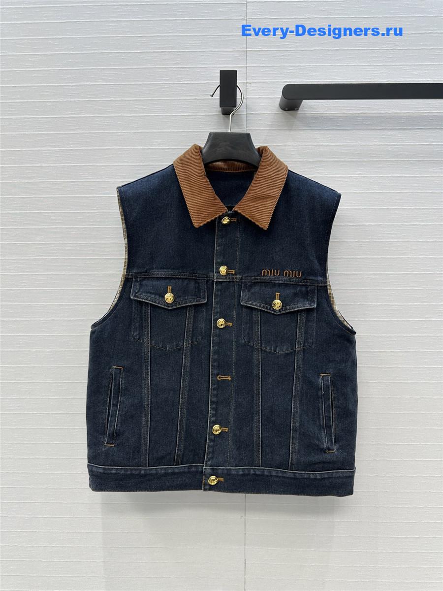 Miu Miu Navy Flocked Denim And Velvet Vest