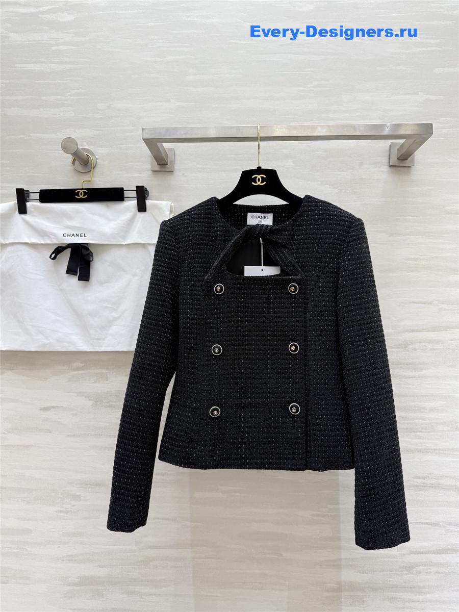 Ch**el black lace-up wool-woven soft tweed coat