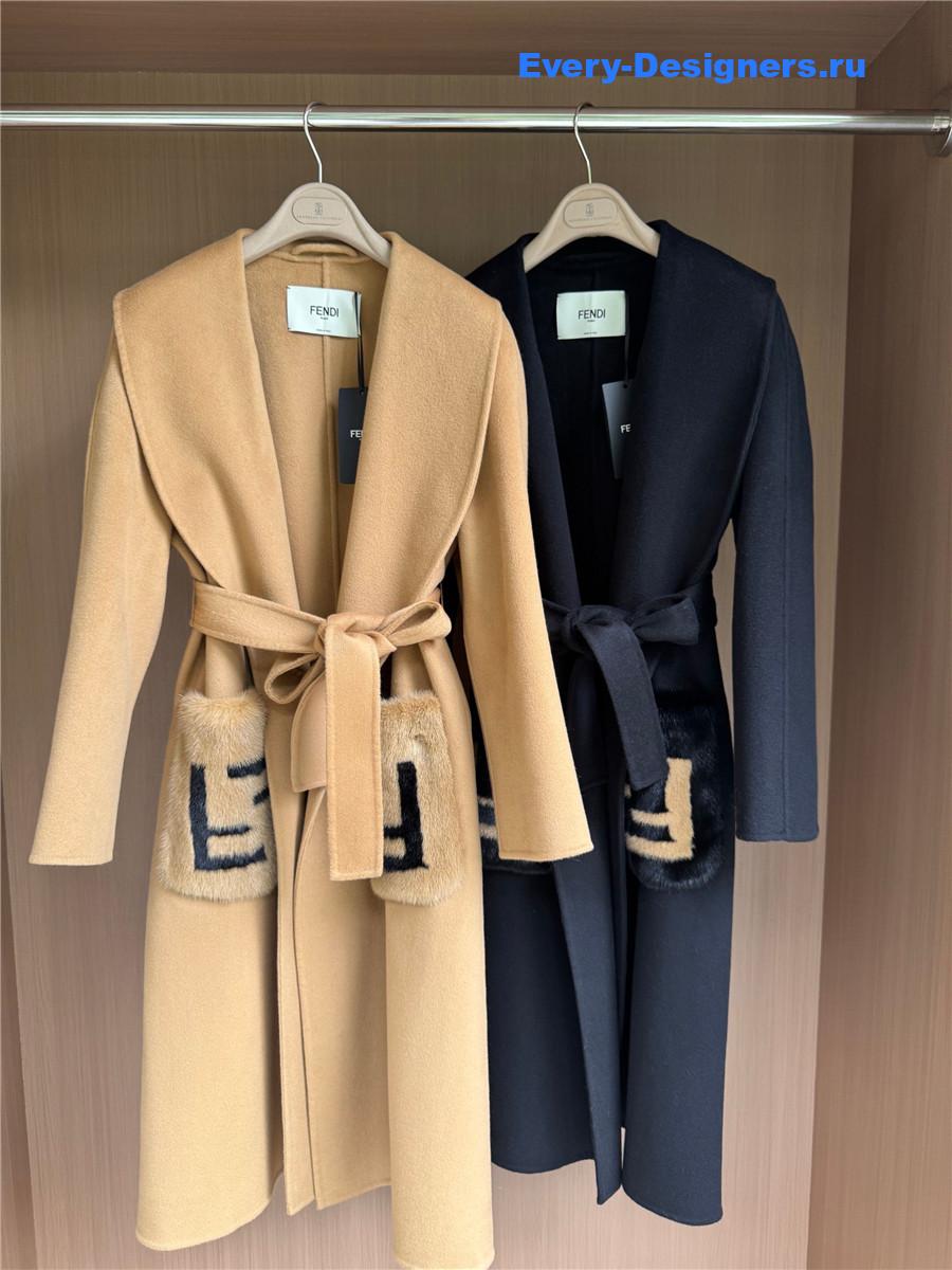 F**di black logo-patch hooded cashmere coat