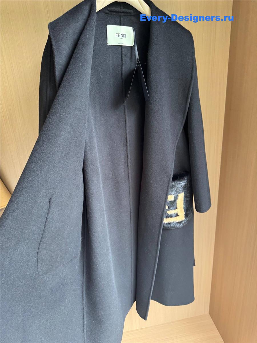 F**di black logo-patch hooded cashmere coat