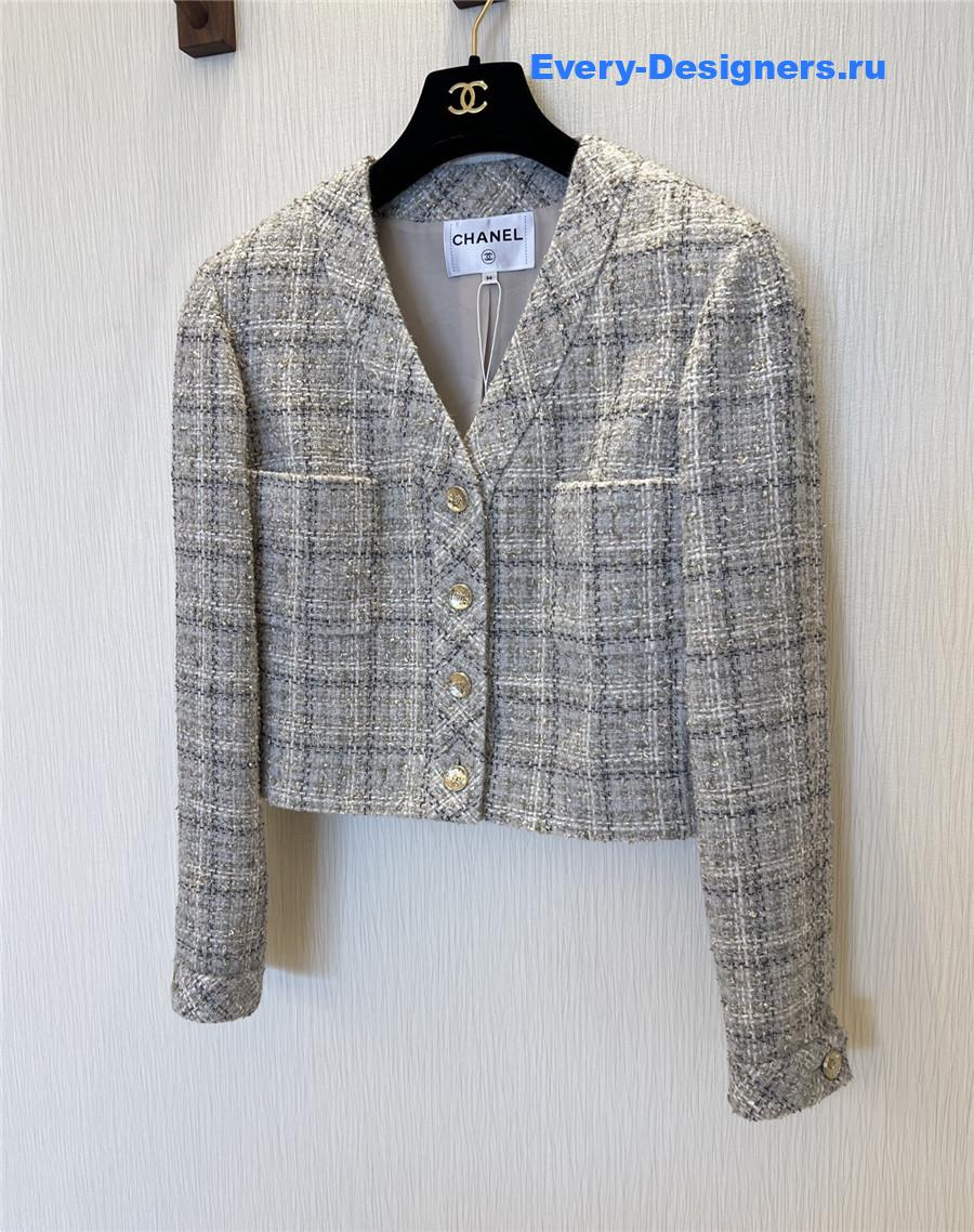 Ch**el grey v-neck tweed cropped coat
