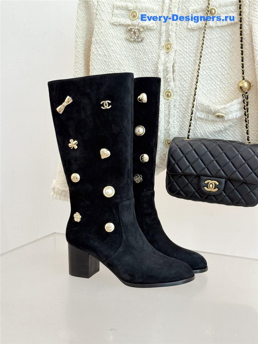 Ch**el cc black suede high heel boots
