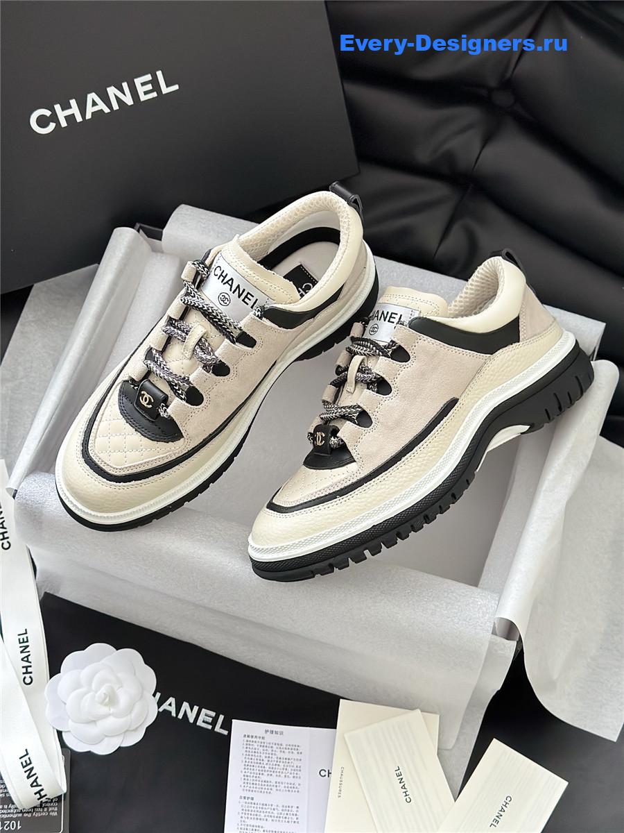 Ch**el white & beige suede calfskin sneakers