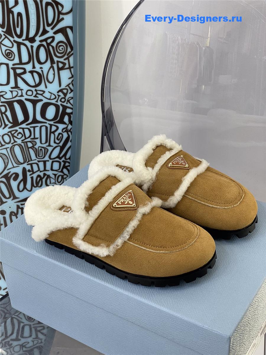 Pra*a brown flat shearling fur-lined mules