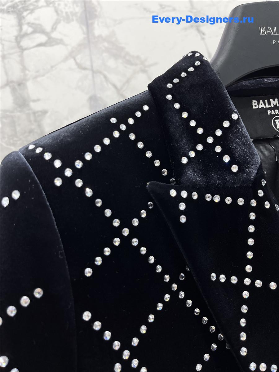 Balmain Black Velvet Rhinestone Quilted Blazer