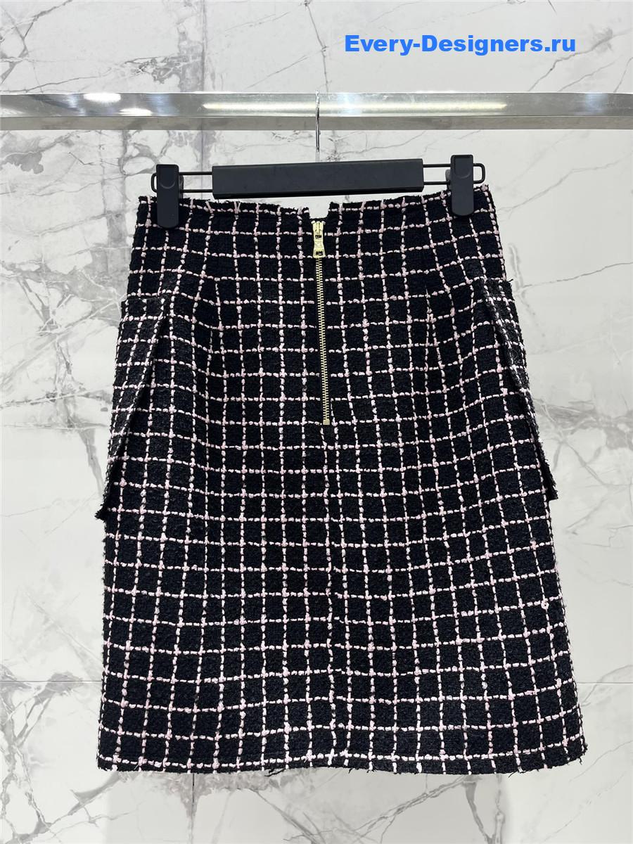 Balmain Paris Black Plaid Tweed Midi Skirt