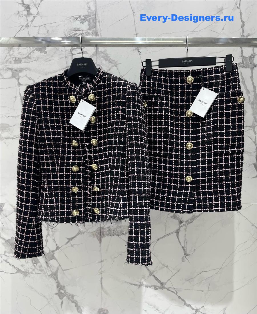 Balmain Paris Black Plaid Tweed Midi Skirt